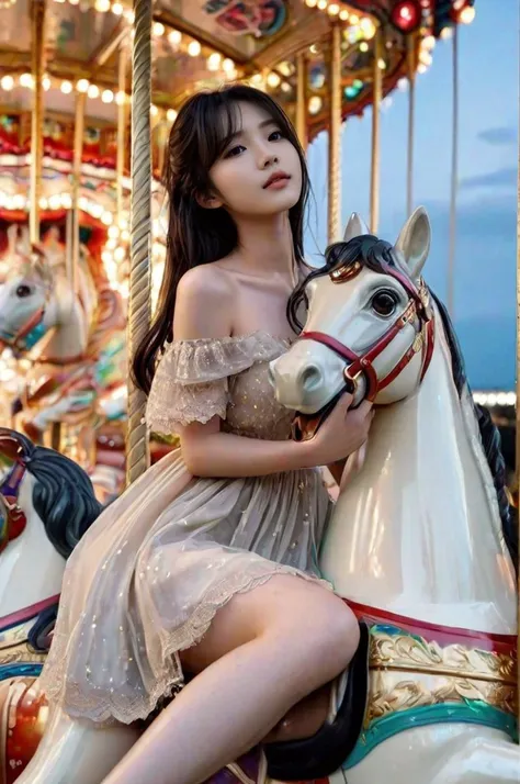 ((masterpiece, best quality, very aesthetic, absurdres)), ((riding carousel)), ((hugging carousel)), ((leaning forward)), sitting astride, beige sheer dress, off shoulder, parted lips, sweat, wind, cloudy sky, party balloon, ferris wheel, amusement park, outdoors, cleavage, big tits, shy, blush, slim figure, asian girl, pretty, black hair, night, starry sky, <lora:girllikecarousel_sdxl:0.9>