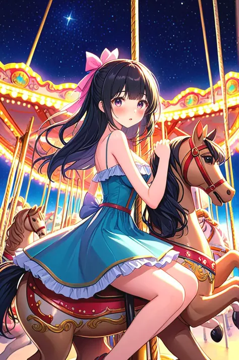 ((masterpiece, best quality, very aesthetic, absurdres)), ((riding carousel)), ((hugging carousel)), ((leaning forward)), dress, off shoulder, parted lips, sweat, wind, cloudy sky, party balloon, ferris wheel, amusement park, night, starry sky, neon light, black hair, absurdly long long, ribbon, cleavage, big tits, shy, blush, slim figure, <lora:girllikecarousel_sdxl:0.8>