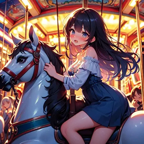 (((masterpiece))), (((best quality))), (((from side))), ((riding carousel)), ((leaning forward)), ((multiple girls)), sitting astride, dress, off shoulder, parted lips, sweat, wind, night, neon light, starry sky, cloudy sky, party balloon, ferris wheel, amusement park, cleavage, big tits, shy, blush, slim figure, <lora:girllikecarousel:0.8>