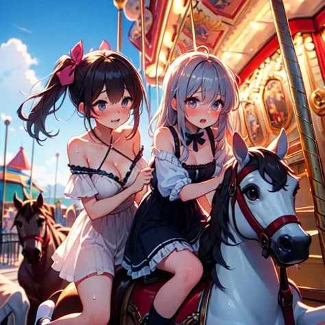 (((masterpiece))), (((best quality))), ((riding carousel)), ((multiple girls)), ((leaning forward)), sitting astride, dress, off shoulder, parted lips, sweat, wind, cloudy sky, party balloon, ferris wheel, amusement park, cleavage, big tits, shy, blush, slim figure, <lora:girllikecarousel:0.9>