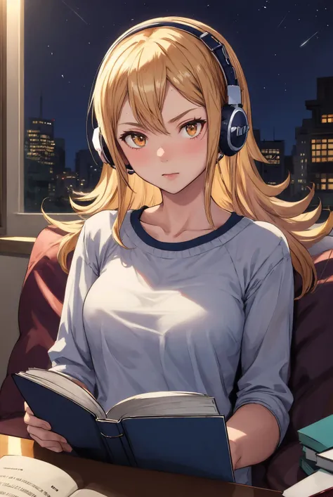 masterpiece, best quality, absurdres, perfect anatomy, 1girl, solo, MiraKamiunten, streaked hair, day,, <lora:MiraKamiuntenV2:0.9>, casual oufit, upper body, sit, loffy girl, headphone, listening music, reading book, windows, night, looking the viewer