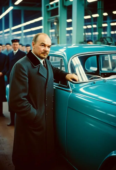 Masterpiece, Vladimir Lenin working in a Car Factory in Moscow, 1960s, in Soviet Russia, Vladimir Lenin wearing factory workers' uniform, working on the car assembly line, grease on clothing, 1960's ambiance, 1960's fashion, 1960's photography style, artificial lighting, indoors, factory floor, Kodachrome film used, analog photography, 35mm Kodak camera used, Technicolor style