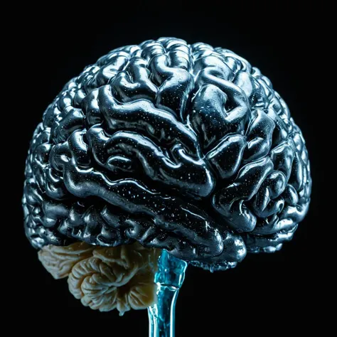 Cryonics a frozen brain is shown on a black background, movie themed, sharp, detailed background, epic cinematic photography, artistic style, dramatic light style, cinematic color style, Kodak 35mm film style, detailed style, Cryonics style, simple background, no humans, animal, traditional media, black background, food focus, surreal, abstract, still life, food, painting (medium), melting, frosted, shallow depth of field, vignette, highly detailed, high budget, bokeh, cinemascope, moody, epic, gorgeous, film grain, grainy