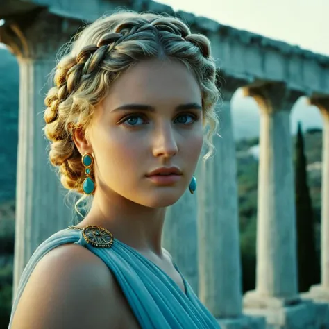 cinematic film still of <lora:Greek mythology style:0.8>
In ancient mythical legendary world, Aphrodite a statue of a woman with a braided hair, ancient Greeks, historical mythical movie themed, sharp, detailed, epic cinematic photography, artistic creative style, dramatic light style, cinematic color style, Kodak film style, Greek mythology style, 1girl, solo, looking at viewer, blue eyes, blonde hair, simple background, brown eyes, lips, eyelashes, portrait, curly hair, realistic, short hair, male focus, jewelry, earrings
, shallow depth of field, vignette, highly detailed, high budget, bokeh, cinemascope, moody, epic, gorgeous, film grain, grainy