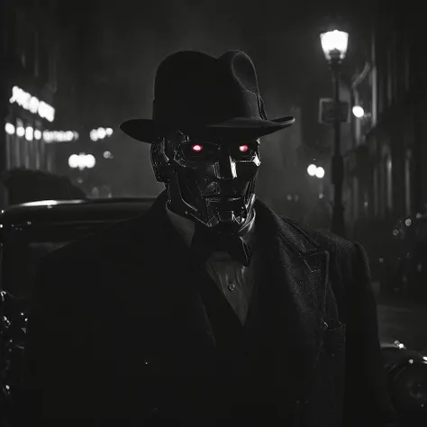 cinematic photo dark photo of a 1920s noir mecha standing in front of a vintage car in a city, (looking at viewer:1.3), 1920s, 35mm cinematic, film, bokeh, professional, 4k, highly detailed, 35mm photograph, film, bokeh, professional, 4k, highly detailed, fedora, spotlight
<lora:Into_Darkness:0.8>