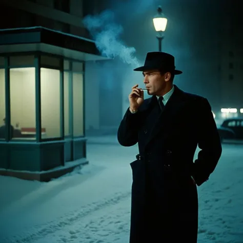 Still from a movie from 1950s, The image shows a man in a in black suit, black trousers, black hat, smoking cigarette, smoke coming out of his mouth, at a corner of street, a spy, shadowy figure, on lookout for his target, looking at his watch on his arm, his target is in an office building across the street, focus on the spy, suspenseful ambiance, tension in the scene, winter, snow, cold, night, streetlight with bulbs, dark, directional lighting, 1man, solo, Technicolor style, 1950's Technicolor style, film grain, Kodachrome film used, Kodak camera used