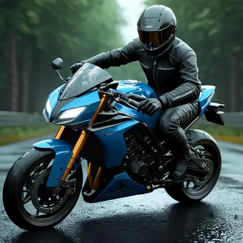 An Unreal Engine image of a person riding a motorcycle on a wet road,solo,1boy,jacket,male focus,outdoors,blurry,blurry background,helmet,ground vehicle,motor vehicle,road,riding,motorcycle,biker clothes,motorcycle helmet , realistic, realism, photorealism, hyperrealism, hyperrealistic, realistic, sharp, detailed, cinematography style, film light style, movie still,  professional photography, artistic, perfection, contrast, cinematic, filmic, high quality photo,  8k quality, colorful, photography style, 3D computer graphics, Blender, 3ds Max, Maya, Cinema 4D, ZBrush, AutoCAD, LightWave 3D, Adobe Dimension, virtual reality, 3d, different people, different characters, different models, detailed eyes, detailed nose, detailed ears, detailed environment, detailed body, detailed face, detailed nipples, detailed breasts, detailed feet, detailed hands, perfect, perfection, epic, awesome, Interactive, Cybernetics, different lighting, light, Video games, Film and television, Unreal, real-time 3D,  Epic Games style, Unreal Engine style