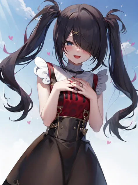 masterpiece, best quality, absurdres, 1girl, ame-chan, red shirt, black skirt, standing, light smile, happy, sky background, perfect hands, perfectly draw hands, blush, <lora:ame-chan:1>