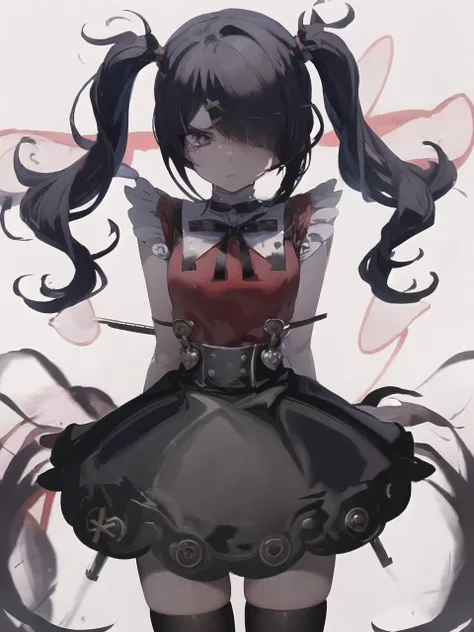 2d, anime art, (masterpiece:1.2), best quality, absurdres, ame-chan, red shirt, black skirt, twintails hairstyle, (hairpin cross:1.35), [purple eye : black eye : 0.15], (glowing eye:1.1), patches, looking at viewer, sad, upset, 
darkness background, ash fog, <lora:ame-chanV2:1>