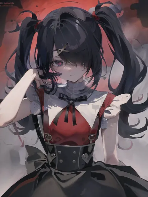 2d, anime art, (masterpiece:1.2), best quality, absurdres, ame-chan, red shirt, black skirt, twintails hairstyle, (hairpin cross:1.35), [purple eye : black eye : 0.15], (glowing eye:1.1), patches, looking at viewer, sad, upset, 
darkness background, ash fog, <lora:ame-chanV2:1>