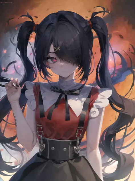 2d, anime art, (masterpiece:1.2), best quality, absurdres, ame-chan, red shirt, black skirt, twintails hairstyle, (hairpin cross:1.35), [purple eye : black eye : 0.15], (glowing eye:1.1), patches, looking at viewer, sad, upset, 
darkness background, ash fog, <lora:ame-chanV2:1>
