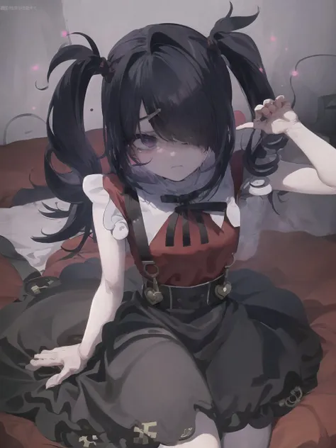 2d, anime art, (masterpiece:1.2), best quality, absurdres, ame-chan, red shirt, black skirt, twintails hairstyle, (hairpin cross:1.35), [purple eye : black eye : 0.15], (glowing eye:1.1), patches, looking at viewer, sad, upset, 
darkness background, ash fog, <lora:ame-chanV2:1>