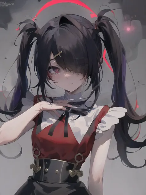2d, anime art, (masterpiece:1.2), best quality, absurdres, ame-chan, red shirt, black skirt, twintails hairstyle, (hairpin cross:1.35), [purple eye : black eye : 0.15], (glowing eye:1.1), patches, looking at viewer, sad, upset, 
darkness background, ash fog, <lora:ame-chanV2:1>