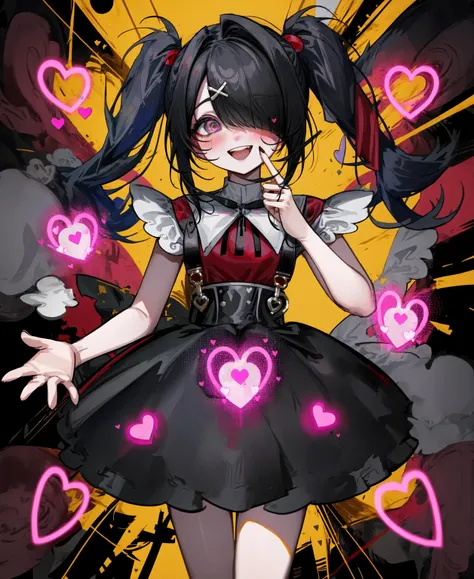 2d, anime art, (masterpiece:1.2), best quality, absurdres,
girl, ame-chan, heart hand, drug addict, twintails hairstyle, black skirt, white shirt, red shirt, suspenders, yellow hairpin cross,
drug overdose, narcotic trip, glowing eye, (euphoria:1.1), (blush:1.1), joyful grin, teeth, grimm face,
black background, medicine on background, craziness on background, psychedelics on background,
<lora:ame-chanV2:1>, <lora:mod_add_detail:0.5>,
