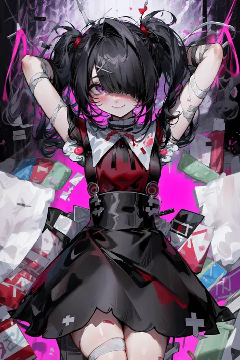 2d, anime art, (masterpiece:1.2), best quality, absurdres,
girl, ame-chan, lying, black skirt, white shirt, red shirt, suspenders, hairpin cross,
drug overdose, narcotic trip, glowing eye, (bandaged arm:1.2), (blush:1.2), smiling, grimm face, trembling,
(medicines in background:1.3), craziness, psychedelics, glitched background, deformed background,
<lora:ame-chanV2:1>, <lora:mod_add_detail:0.5>