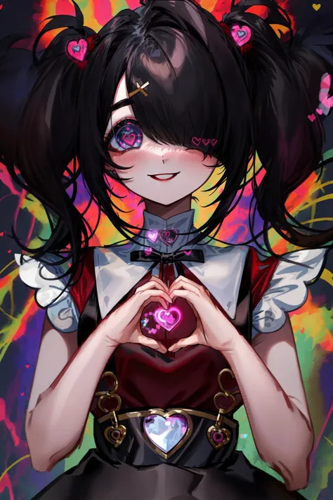 (masterpiece:1.2), best quality, absurdres,
ame-chan, drug addict, heart hands, twintails hairstyle, short ponytails, black skirt, white shirt, red shirt, suspenders, (yellow hairpin cross:1.1),
[black  eye : violet eye : 0.9], glowing eye, eyelashes, blush, (smiling:1.2), (heart pupil:1.2)
black background, medicine on background, craziness on background, psychedelics on background, (fog:0.5)
<lora:heartstar:0.4>, <lora:ame-chanV2:1>,  <lora:mod_add_detail:0.5>,