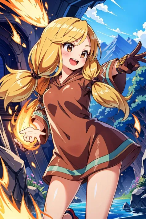 fantasy setting, GeomancerFFT, long hair, blonde hair, twintails, low twintails, brown eyes, dress, hood, gloves, hyper smile, open mouth, outdoors, cave, magic, fire magic, Masterpiece, best quality, detailed background, intricate details, detailed, <lora:detail_slider_v4:1.25> <lora:FinalFantasy_FemaleGeomancer_DanT000:0.8>