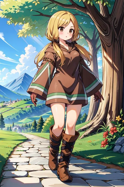 fantasy setting, GeomancerFFT, long hair, blonde hair, twintails, low twintails, brown eyes, dress, hood, gloves, boots, outdoors, wilderness, Masterpiece, best quality, detailed background, intricate details, detailed, <lora:detail_slider_v4:1.25> <lora:FinalFantasy_FemaleGeomancer_DanT000:0.8>