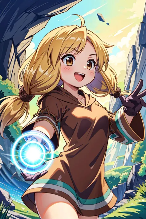 fantasy setting, GeomancerFFT, long hair, blonde hair, twintails, low twintails, brown eyes, dress, hood, gloves, hyper smile, open mouth, outdoors, cave, magic, (swirling wind magic:1.1), (green magic effects:1.2), Masterpiece, best quality, detailed background, intricate details, detailed, <lora:detail_slider_v4:1.25> <lora:FinalFantasy_FemaleGeomancer_DanT000:0.8>