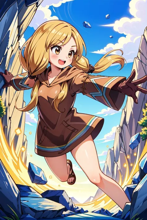 fantasy setting, GeomancerFFT, long hair, blonde hair, twintails, low twintails, brown eyes, dress, hood, gloves, hyper smile, open mouth, outdoors, cave, magic, rock magic, floating stones, Masterpiece, best quality, detailed background, intricate details, detailed, <lora:detail_slider_v4:1.25> <lora:FinalFantasy_FemaleGeomancer_DanT000:0.8>