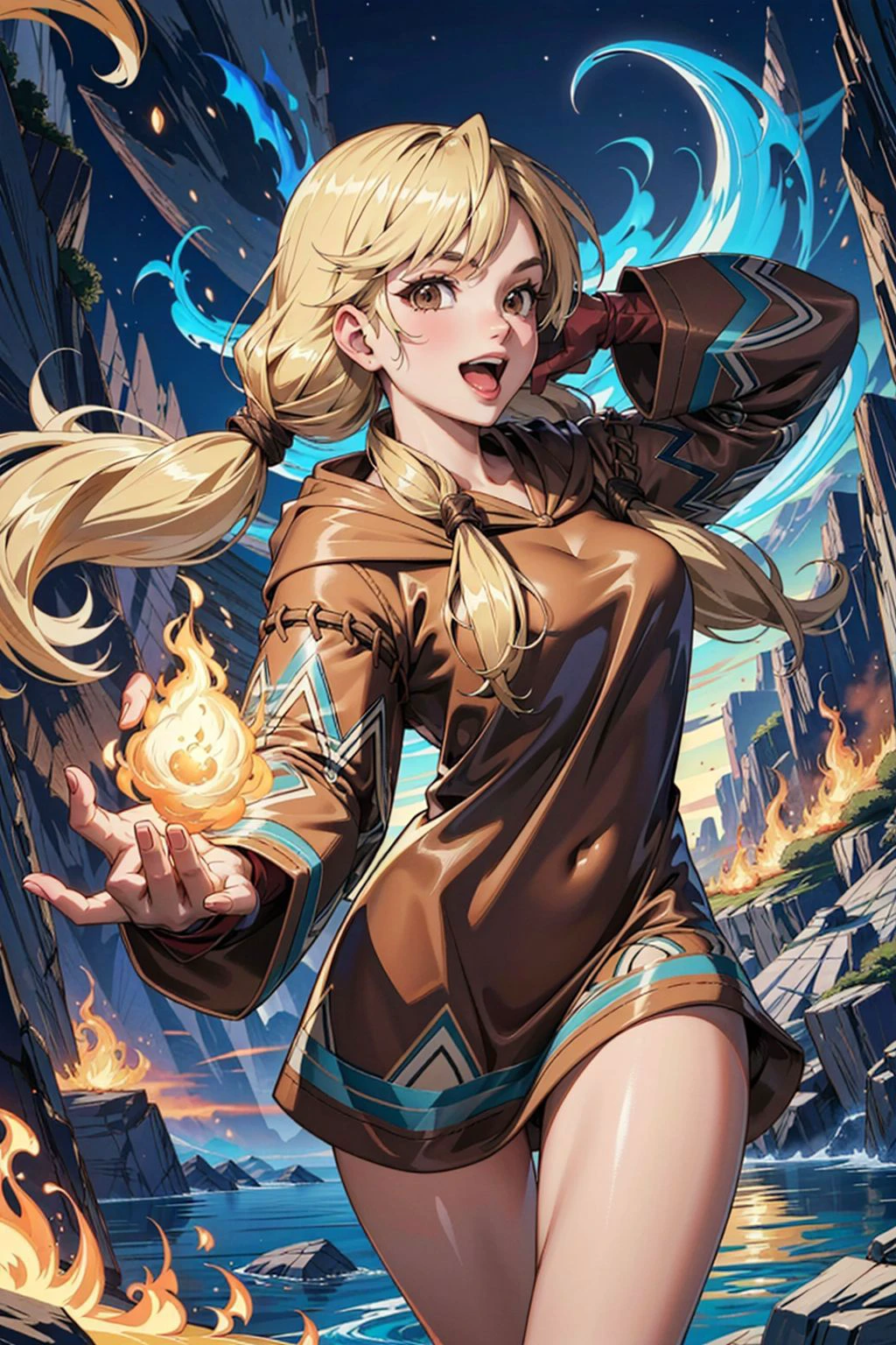 fantasy setting, GeomancerFFT, long hair, blonde hair, twintails, low twintails, brown eyes, dress, hood, gloves, hyper smile, open mouth, outdoors, cave, magic, fire magic, Masterpiece, best quality, detailed background, intricate details, detailed, <lora:detail_slider_v4:1.25> <lora:FinalFantasy_FemaleGeomancer_DanT000:0.8>