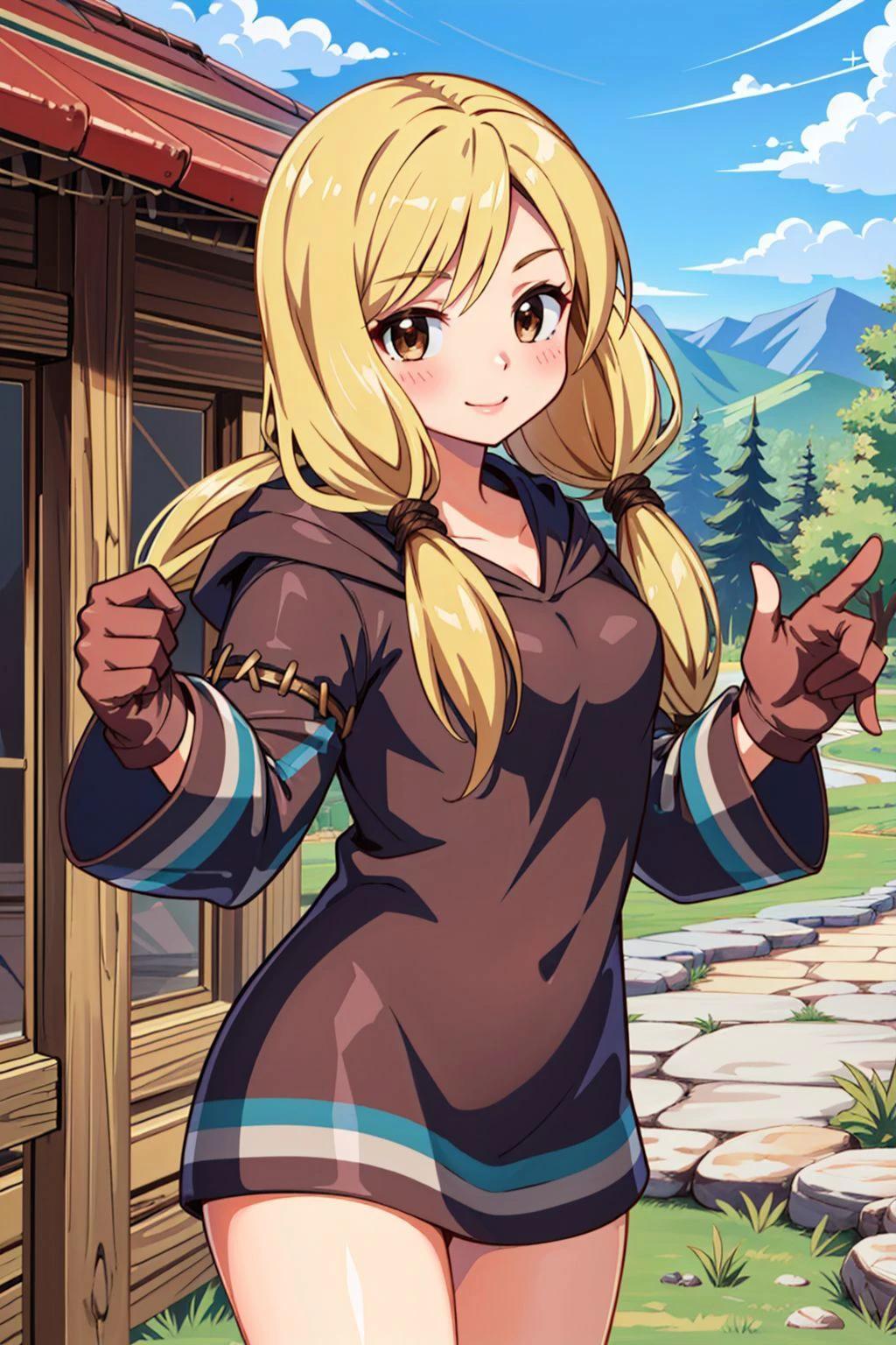 fantasy setting, GeomancerFFT, long hair, blonde hair, twintails, low twintails, brown eyes, dress, hood, gloves, cute smile, outdoors, wilderness, Masterpiece, best quality, detailed background, intricate details, detailed, <lora:detail_slider_v4:1.25> <lora:FinalFantasy_FemaleGeomancer_DanT000:0.8>