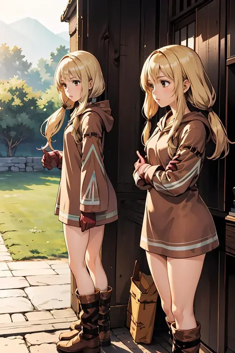 (masterpiece, best quality), 1girl,  <lora:FinalFantasy_FemaleGeomancer:0.8> GeomancerFFT, long hair, blonde hair, twintails, low twintails, brown eyes, dress, hood, gloves, boots,