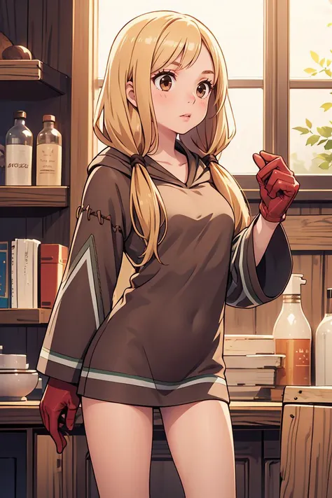 (masterpiece, best quality), 1girl,  <lora:FinalFantasy_FemaleGeomancer:0.8> GeomancerFFT, long hair, blonde hair, twintails, low twintails, brown eyes, dress, hood, gloves, boots,