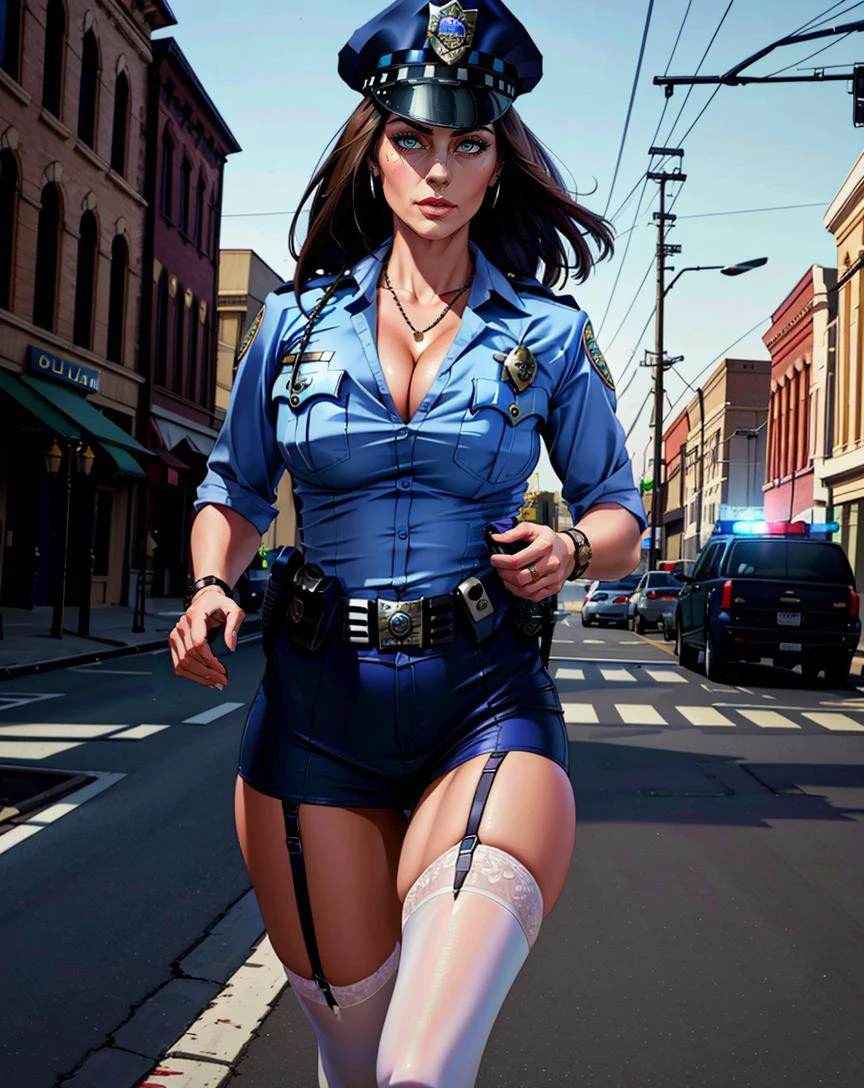 <lora:policewoman-08:0.9> (medium shot:1.4) photo of brunette policewoman, back view,
(look at viewer), make up, Accessories, jewelry,
running,
RebeccaPurple-color, police-hat, cleavage, (police-uniform:1.4),
(huge breast:1.2), narrow waist, (abs:0.6), big pelvic, thick thigh,
(garter-straps:0.9), stocking,
police-station,
(realistic skin_details, sharp focus, masterpiece,best quality,finely detailed,extremely detailed, realistic detail,clear_image,realistic, high_resolution,distinct_image)