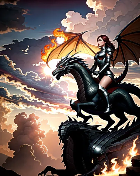 ((masterpiece), best quality, high quality, professional quality, highly detailed, highres, perfect lighting, natural lighting), white dragon, (1girl, wearing armor, sitting on dragon, dragon rider, holding weapon), flying, flames, magic, clouds, sun in background