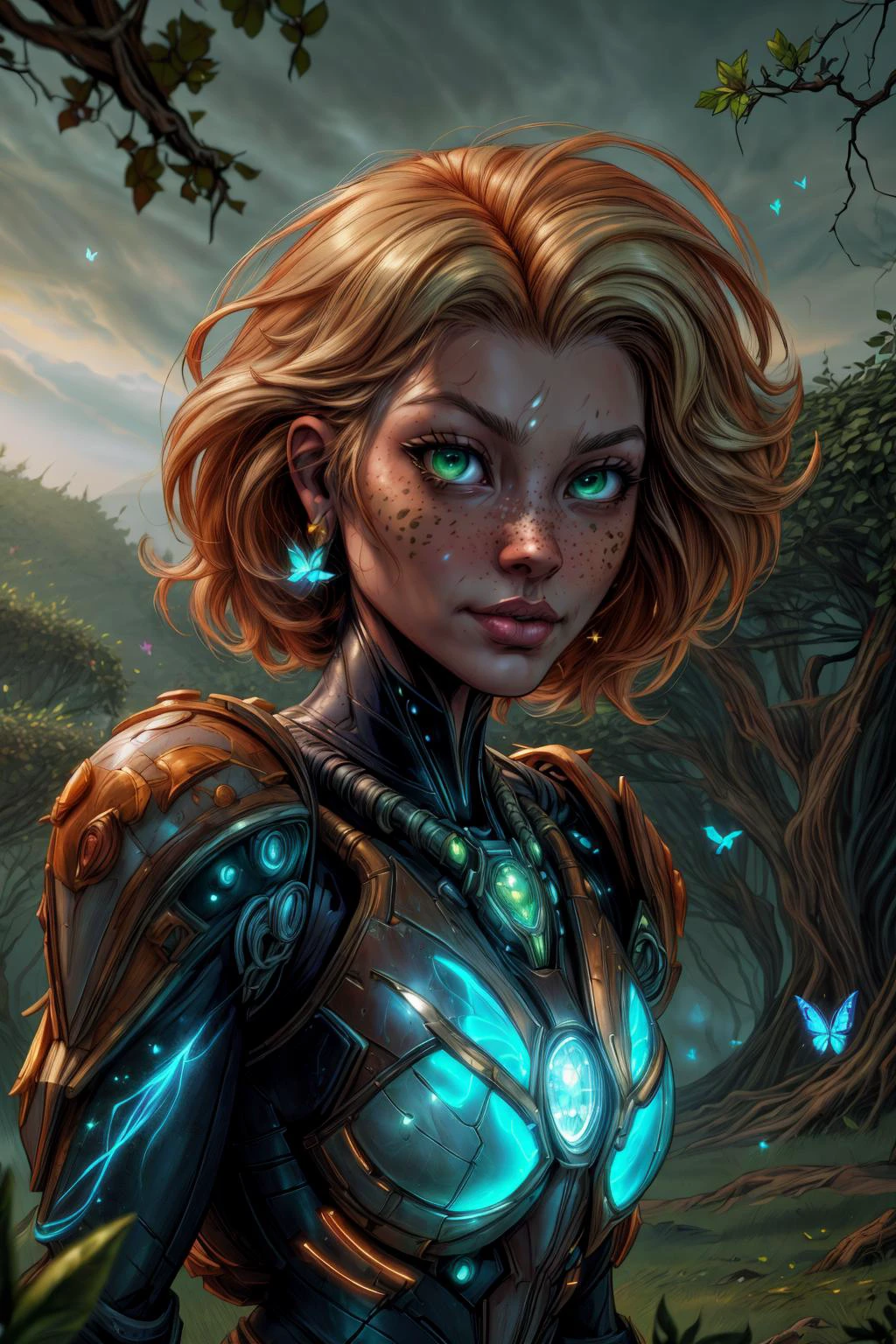(masterpiece, best quality, high quality, professional quality, highly detailed, highres), comics style, illustration, 90s comic book style, <lora:add_detail:1>, <lora:kittew_v0.1:0.8>, <lora:graphicNovelStyle_v10:0.2>, <lora:XenoDetailer:0.5>,
1 girl, adult (elven:0.7) woman, freckles, ruby eyes, medium blonde sleek hair,
solo, upper body, looking at viewer, detailed background, detailed face, (<lora:TerranAIv2:0.5>, TerranAI, starcraft theme:1.1) flower-sentinel, nature themed armor, blending of ivy with metal, walking, vigilant, nature powers, green magical markings on skin, bright mystical sigils on armor, green aura, magical plant growth,floating particles, ruined orchard left to crumble in background, butterflies, fog, sunlight, mystical atmosphere,