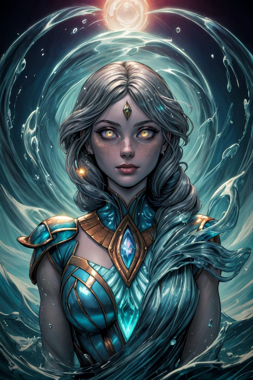 (masterpiece, best quality, high quality, professional quality, highly detailed, highres), comics style, illustration, 90s comic book style, <lora:add_detail:0.75>, <lora:kittew_v0.1:0.4>, <lora:graphicNovelStyle_v10:0.2>, <lora:XenoDetailer:0.25>,
1 girl, adult (elven:0.7) woman, freckles, silver eyes, gray braided hairstyle,
solo, upper body, looking at viewer, detailed background, detailed face, (<lora:ArtDecoAI:0.3>, ArtDecoAI, 1920s art deco theme:1.1), (glowing eyes:1.05), elemental water wizard, surrounded by swirling water, <lora:waterVFX:0.4> water floating, fantasy spellcaster clothes, walking, mystical glowing, water, vapor, river in background, blue tones, shore, bright lighting, cinematic atmosphere,