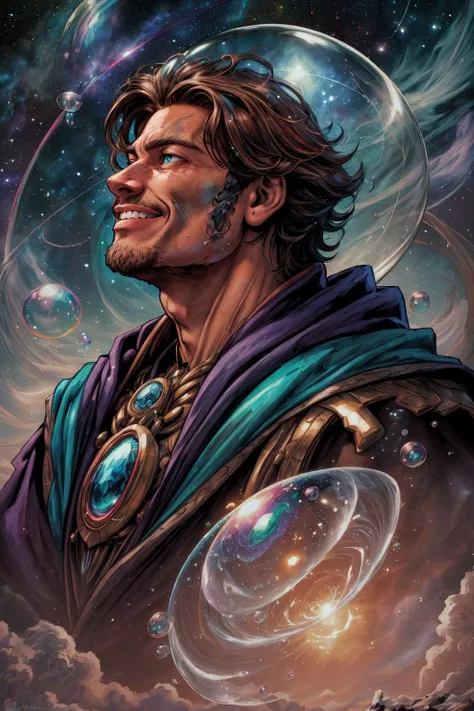 (masterpiece, best quality, high quality, professional quality, highly detailed, highres), comics style, illustration, 90s comic book style, <lora:add_detail:0.75>, <lora:kittew_v0.1:0.4>, <lora:graphicNovelStyle_v10:0.2>, <lora:XenoDetailer:0.25>,
(1man, masculine adult european male:1.2), light blue eyes, medium brown hair, french crop,
portrait, solo, half shot, looking up, detailed background, detailed face, (<lyco:DecorationBundlev2:0.6>, GlassSteelAI theme:1.1), bubble-wizard, smiling, levitating, dark green mage robes, surrounded by colorful bubbles, rainbow, large bubbles, swirling vortex, transclucent, radiant, ethereal aura, bubbles in background, starry sky, fog, ethereal atmosphere,