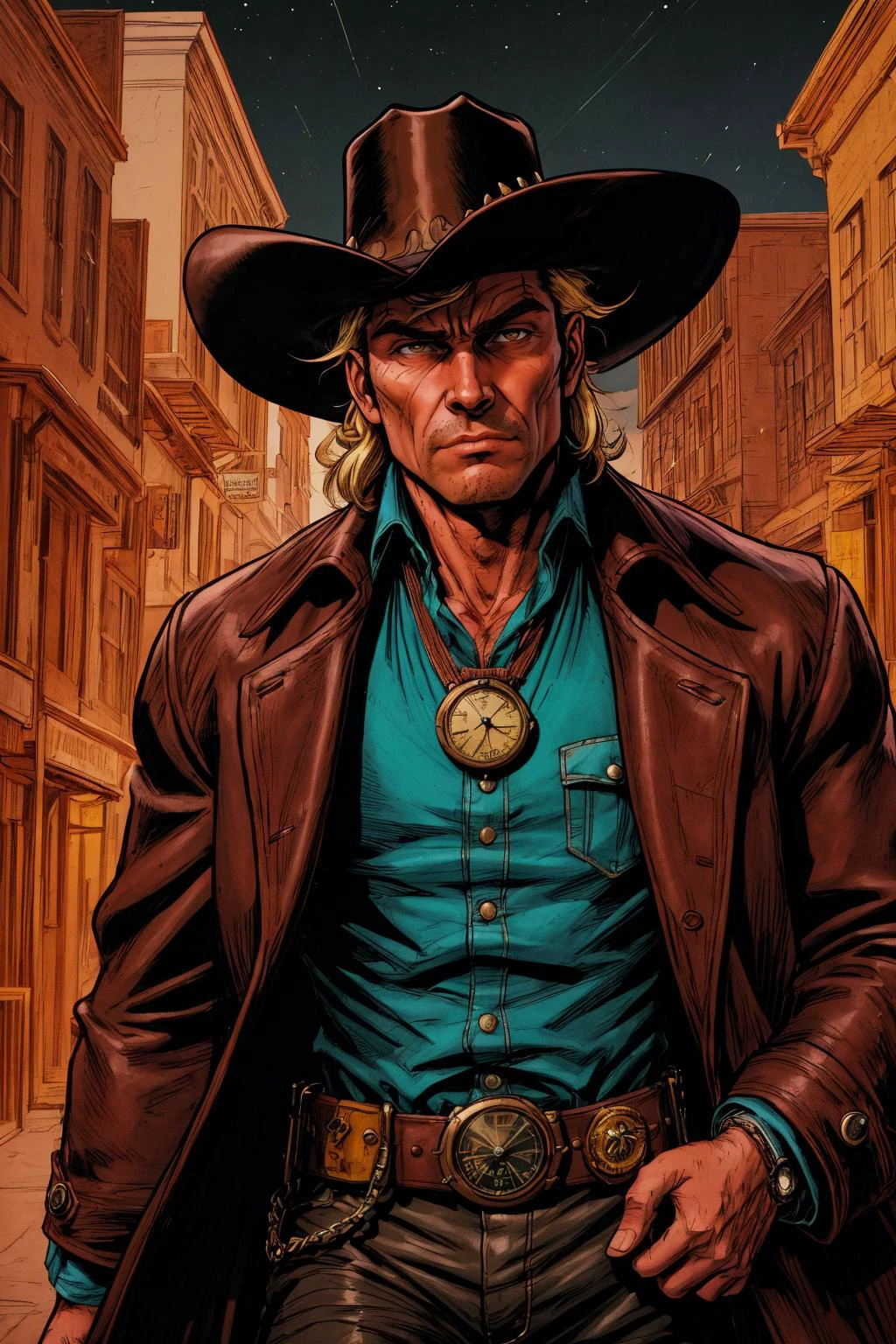 (masterpiece, best quality, high quality, professional quality, highly detailed, highres), comics style, illustration, 90s comic book style, <lora:add_detail:0.75>, <lora:kittew_v0.1:0.4>, <lora:graphicNovelStyle_v10:0.2>, <lora:XenoDetailer:0.25>,
(1man, muscular adult jewish male:1.2), dark brown eyes, blonde hair, pompadour,
(bloody scars:0.7), looking at viewer, focus on character, solo, half shot, detailed face, (western theme:1.1), cowboy, wild west hat, pocket-watch, belt, coat, bolo tie, dynamic movement, stoic expression, 18th century wild west, wild west era town in background, nighttime, cinematic atmosphere, arid,