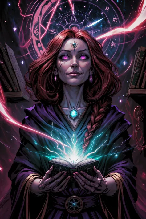 (masterpiece, best quality, high quality, professional quality, highly detailed, highres), comics style, illustration, 90s comic book style, <lora:add_detail:0.75>, <lora:kittew_v0.1:0.4>, <lora:graphicNovelStyle_v10:0.2>, <lora:XenoDetailer:0.25>,
1 girl, adult woman, pink eyes, black dutch braid,
portrait, looking up, solo, upper body, detailed background, detailed face, (<lora:ChronomancyAI:0.5>, ChronomancyAI, chronomancy theme:1.1) evil mage, light brown magical robes, sinister smirk, scarlet color scheme, dark purple light, study room, bookshelves, glowing magical runes, dark atmosphere, shadows, realistic lighting, floating particles, sparks, surrounded by red lightning <lora:LightingVFX:0.1>, green arcane symbols, corrupted by eldritch power,