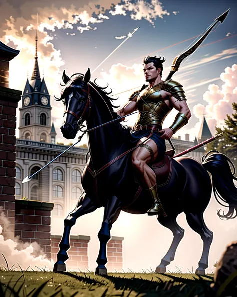 ((masterpiece), best quality, high quality, professional quality, highly detailed, highres, perfect lighting, natural lighting), male centaur, charging, bow and arrow drawn, in battle against goblins