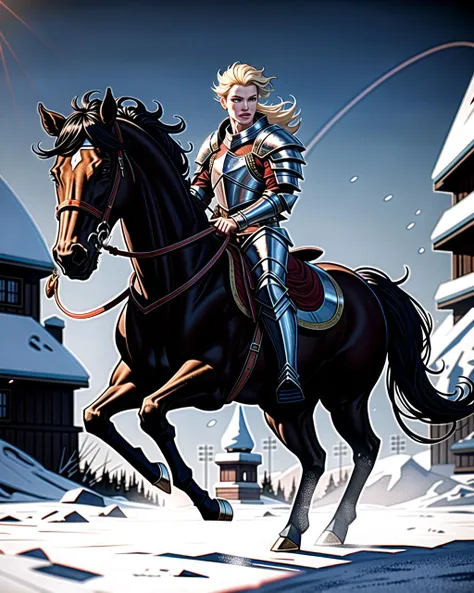 ((masterpiece), best quality, high quality, professional quality, highly detailed, highres, perfect lighting, natural lighting), young wizard, wearing battle armor, casting a ice spell, from horseback