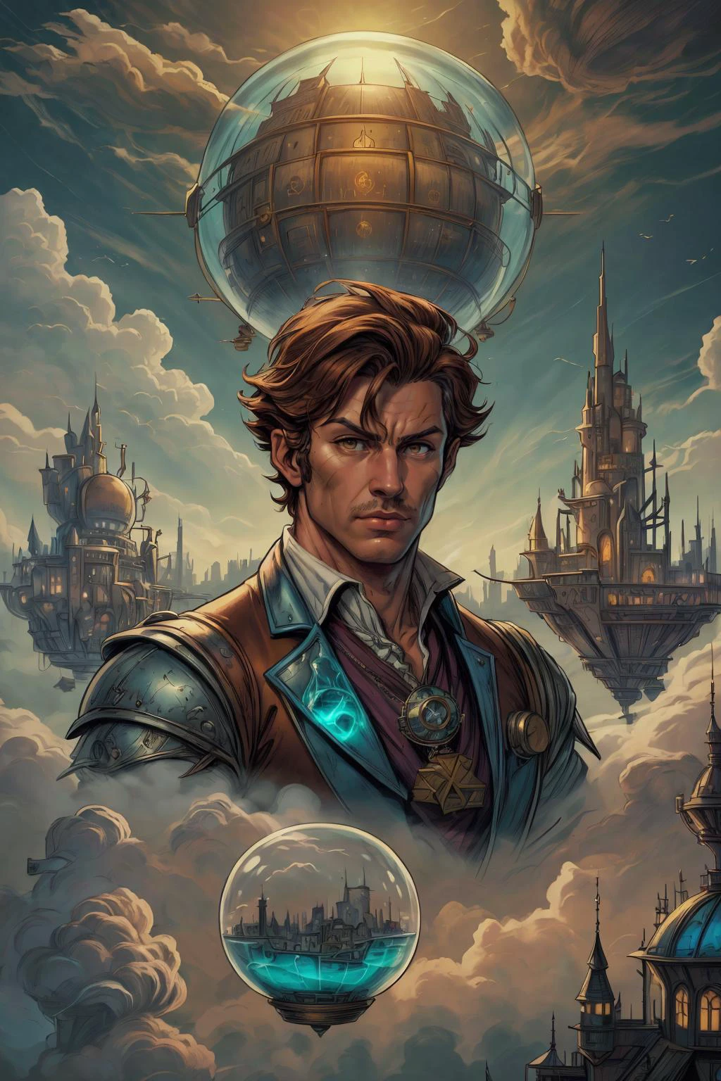 (masterpiece, best quality, high quality, professional quality, highly detailed, highres), comics style, illustration, 90s comic book style, <lora:add_detail:0.75>, <lora:kittew_v0.1:0.4>, <lora:graphicNovelStyle_v10:0.2>, <lora:XenoDetailer:0.25>,
(1man, muscular adult male:1.2), dark brown eyes, chestnut hair, clean-shaven,
(focus on character:1.1), portrait, solo, upper body, detailed background, detailed face, (<lora:AlchemyPunkAI:0.6>, alchemypunkai theme:1.1), aristocratic pose, ruling class, elegant clothing, elegant hat, looking over floating (cloud city:1.1), cloudtop sky-city, floating platforms, floating buildings, dome, railing, clouds in background, wind blowing, epic atmosphere,