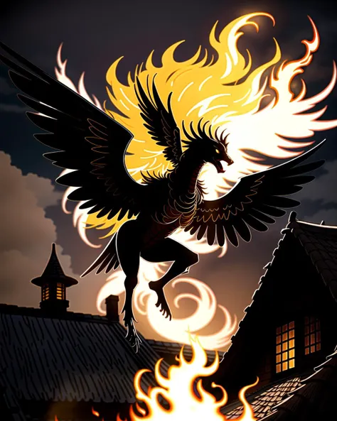 ((masterpiece), best quality, high quality, professional quality, highly detailed, highres, perfect lighting, natural lighting), phoenix, bursting into flames, taking flight from thatched roof