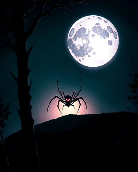 ((masterpiece), best quality, high quality, professional quality, highly detailed, highres, perfect lighting, natural lighting), giant spider, weaving web, between two trees, at night, moonlight, terrifying, horror theme