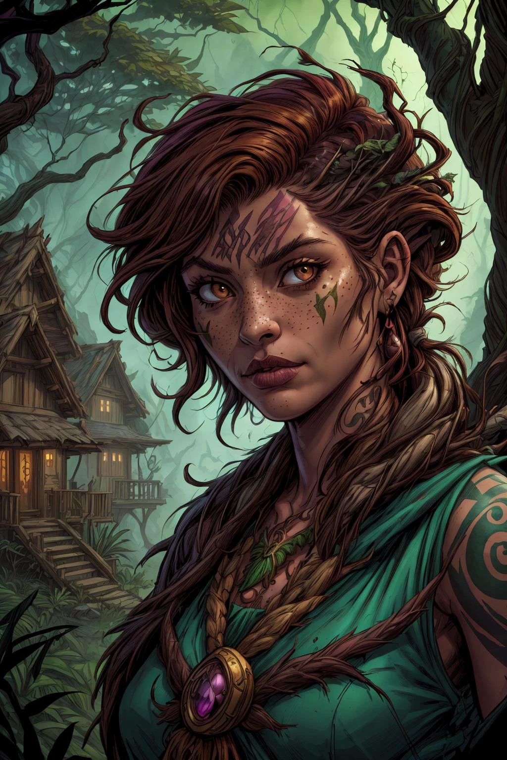 (masterpiece, best quality, high quality, professional quality, highly detailed, highres), comics style, illustration, 90s comic book style, <lora:add_detail:0.75>, <lora:kittew_v0.1:0.4>, <lora:graphicNovelStyle_v10:0.2>, <lora:XenoDetailer:0.25>,
1 girl, adult woman, freckles, dark brown eyes, light brown messy hair,
solo, half shot, looking at viewer, detailed background, detailed face, (<lora:DruidMagicAI:0.5>, DruidMagicAI, druidic theme:1.1) feral jungle fighter, pink tribal clothing, warpaint, tribal tattoos, bloodthirsty, exotic trees, stones, fronds, exotic, village in background, bats in background, cinematic atmosphere,