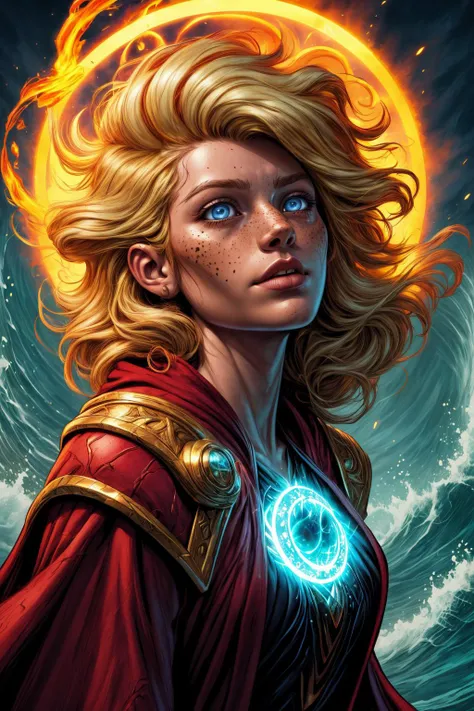 (masterpiece, best quality, high quality, professional quality, highly detailed, highres), comics style, illustration, 90s comic book style, <lora:add_detail:0.75>, <lora:kittew_v0.1:0.4>, <lora:graphicNovelStyle_v10:0.2>, <lora:XenoDetailer:0.25>,
1 girl, adult (elven:0.7) woman, freckles, blue eyes, blonde wavy hair,
(style-swirlmagic:0.8), portrait, looking up, solo, half shot, detailed background, (<lora:runemagic:0.4>, magic_circle, Rune_Magic theme:1.1), eyes filled with knowledge, powerful wizard, trimmed dark red flowing robe, enchanted artifact, arms raised, hair flowing in the wind, (yellow waves), arcane fireball <lora:Fire_VFX:0.3>, magical glyphs , filtered light, ancient ruins in background,