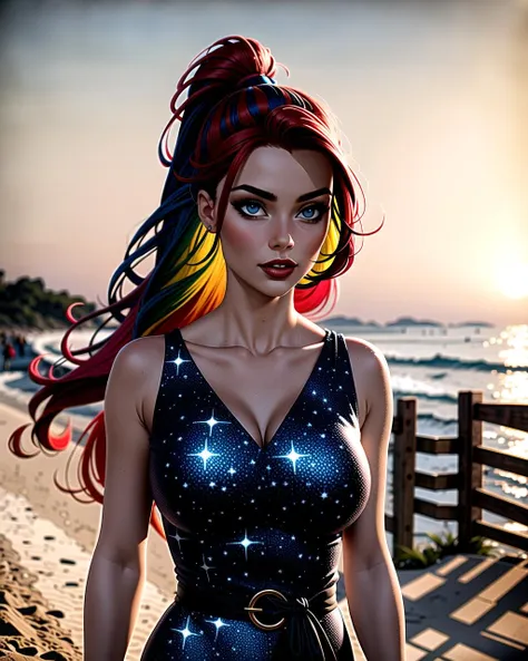 ((masterpiece), best quality, high quality, professional quality, highly detailed, highres, perfect lighting, natural lighting), (1girl, beautiful, medium breasts, (multicolored hair, red hair,blue hair,black hair, long hair, high ponytail), perfecteyes eyes), (wearing galaxy print, extremelyBeautiful_beautifulclotheswild/Extremely beautiful clothes), on the beach, walking the boardwalk, <lyco:locon_perfecteyes_v1_from_v1_64_32:0.6>