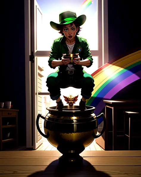 ((masterpiece), best quality, high quality, professional quality, highly detailed, highres, perfect lighting, natural lighting), leprechaun, hopping, on rainbow, holding pot of gold