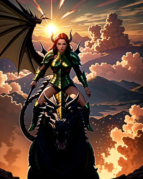 ((masterpiece), best quality, high quality, professional quality, highly detailed, highres, perfect lighting, natural lighting), green dragon, (1girl, wearing armor, sitting on dragon, dragon rider, holding weapon), flying, flames, magic, clouds, sun in background