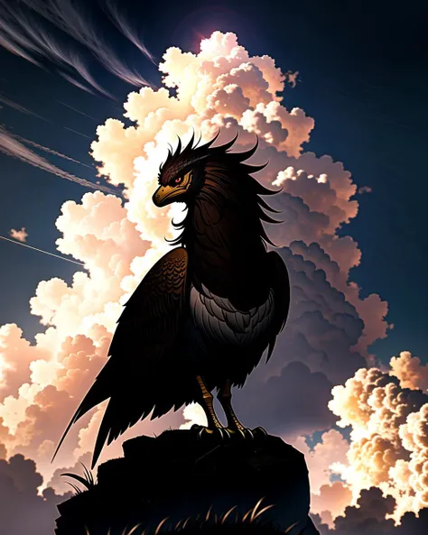 ((masterpiece), best quality, high quality, professional quality, highly detailed, highres, perfect lighting, natural lighting), griffon, bowing, on clouds