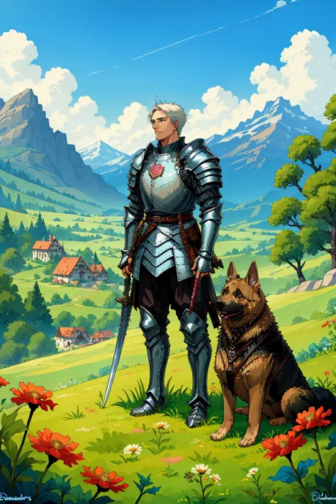 Boys, armor, German Shepherd, blue sky, white hair, clouds, daisies, dandelions, leaves, mountains, nature, rocks, scenery, sky, standing, weapons, contracting, HD, highest quality, masterpieces<lora:BlueRPGn8bu;:0.7>,
