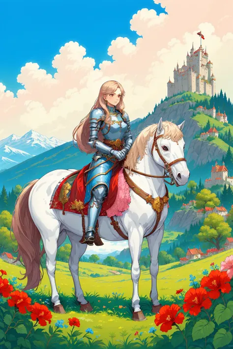 A girl, cool, long hair, Mecha, horse, jewel belt, blue sky, castle, cloud, cloudy sky, sky, field, hibiscus, bouquet, mountain, outdoors, pink flower, red flower, red rose, white rose, sky, solo, weapon,<lora:BlueRPGn8bu;:0.65>,