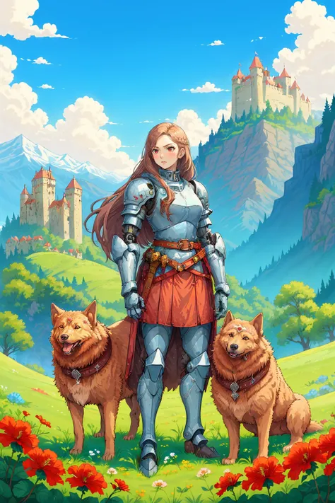 A girl, cool, long hair, Mecha, dog, belt, blue sky, castle, cloud, cloudy sky, sky, field, hibiscus, bouquet, mountain, outdoors, pink flower, red flower, red rose, white rose, sky, solo, weapon<lora:BlueRPGn8bu;:0.65>,