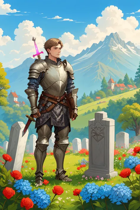 Masterpiece, best quality, HD, 16k,1boy, Armor, Blue flowers, blue sky, Bush, Cloud, cloudy sky, dandelion, day, field, flower, flower field, garden, grass, bouquet, hydrangea, leaves, Male focus, mountain, mountain horizon, orange flowers, outdoor, pink flowers, pink roses, plants, purple flowers, red flowers, red roses, Rose, Sky, solo, spider lily, standing, sword, Tombstone, tulip, vine, kettle, weapon, windmill, yellow flower<lora:BlueRPGn8bu;:0.65>,